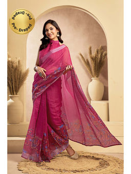 BFM - Magenta Printed Linen Ready To Wear Saree With Unstitched Blouse