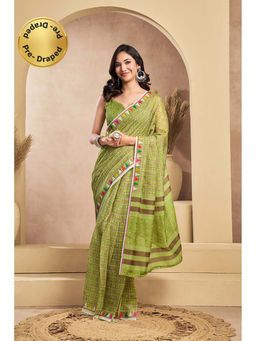 BFM - Pista Printed Linen Ready To Wear Saree With Unstitched Blouse