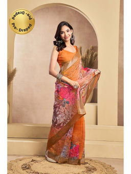 BFM - Orange Printed Linen Ready To Wear Saree With Unstitched Blouse