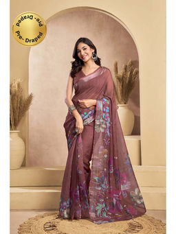 BFM - Brown Printed Linen Ready To Wear Saree With Unstitched Blouse