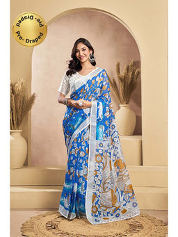 BFM - Blue Printed Linen Ready To Wear Saree With Unstitched Blouse