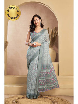 BFM - Grey Printed Linen Ready To Wear Saree With Unstitched Blouse