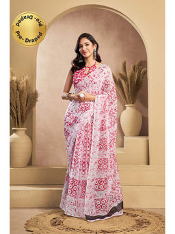 BFM - White Printed Linen Ready To Wear Saree With Unstitched Blouse