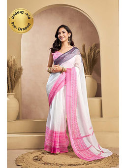 BFM - White Printed Linen Ready To Wear Saree With Unstitched Blouse