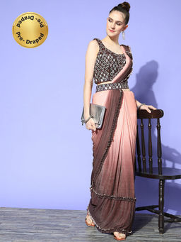Chhabra 555 - Peach & Brown Ombre Belt & Pre-Draped Saree with Stitched Blouse