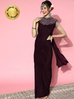 Chhabra 555 - Burgundy Embellished/Sequined & Cape Pre-Draped Saree with Stitched Blouse