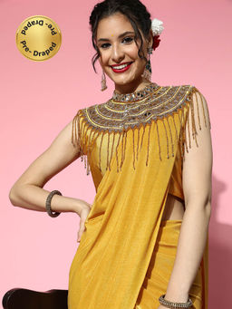 Chhabra 555 - Yellow Embellished/Sequined & Cape Pre-Draped Saree with Stitched Blouse