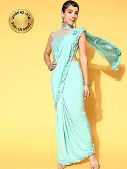 Chhabra 555 - Turquoise Embellished/Sequined Pre-Draped Saree with Stitched Blouse