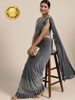 Chhabra 555 - Grey Textured Belt & Pre-Draped Saree with Stitched Blouse