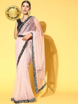 Chhabra 555 - Pink Embellished/Sequined Belt & Pre-Draped Saree with Stitched Blouse