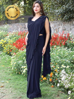 Chhabra 555 - Navy Blue Embellished/Sequined Pre-Draped Saree with Stitched Blouse