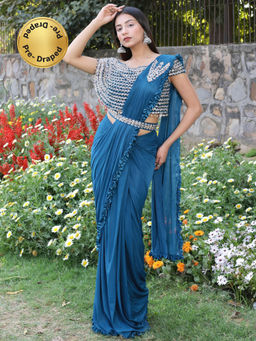 Chhabra 555 - Teal Embellished/Sequined Belt & Pre-Draped Saree with Stitched Blouse