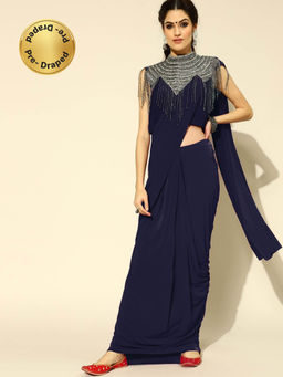 Chhabra 555 - Navy Blue Solid & Cape Pre-Draped Saree with Stitched Blouse