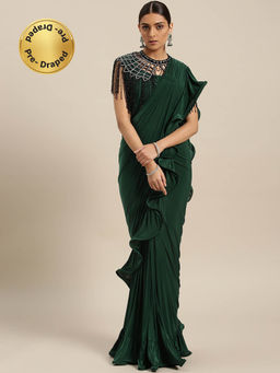Chhabra 555 - Green Embellished/Sequined & Cape Pre-Draped Saree with Stitched Blouse