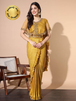 Chhabra 555 - Yellow Embellished Pre-Draped Saree with Stitched Blouse & Cape