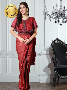 Chhabra 555 - Red Embellished Pre-Draped Saree with Stitched Cape & Belt