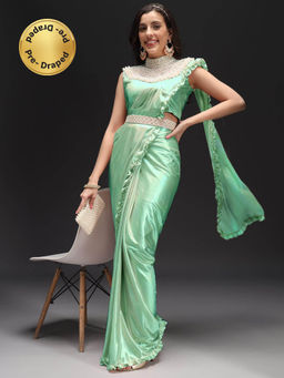 Chhabra 555 - Green Embellished Pre-Draped Saree with Stitched Blouse, Belt & Cape