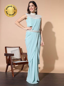 Chhabra 555 - Green Solid/Plain Pre-Draped Saree with Stitched Blouse, Belt & Cape