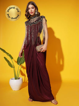 Chhabra 555 - Burgundy Solid/Plain Pre-Draped Saree with Stitched Blouse & Cape