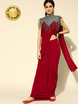 Chhabra 555 - Red Solid/Plain Pre-Draped Saree with Stitched Blouse & Cape