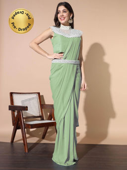 Chhabra 555 - Pre-Draped Saree with Stitched Blouse and Necklace with Belt