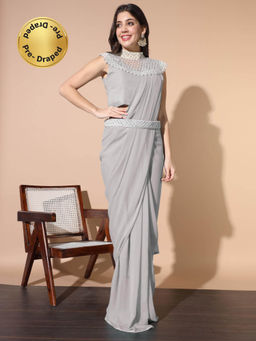 Chhabra 555 - Pre-Draped Saree with Stitched Blouse and Necklace with Belt
