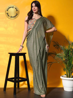 Chhabra 555 - Green Embellished Pre-Draped Saree with Stitched Blouse and Purse
