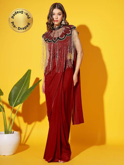 Chhabra 555 - Red Embellished Pre-Draped Saree with Stitched Blouse and Neck Piece