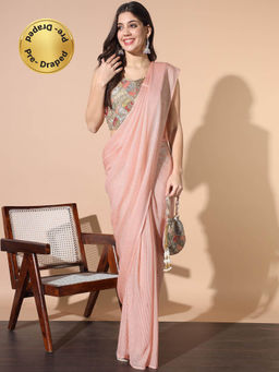 Chhabra 555 - Peach Embellished Pre-Draped Saree with Stitched Blouse and Purse