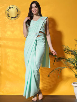 Chhabra 555 - Turquoise Embroidered Pre-Draped Saree with Stitched Blouse and Belt