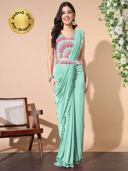 Chhabra 555 - Turquoise Embroidered Pre-Draped Saree with Stitched Blouse and Belt