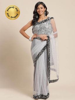 Chhabra 555 - Grey Embroidered Pre-Draped Saree with Stitched Blouse and Belt