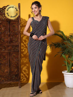 Chhabra 555 - Blue Pre-Stitched Saree With Striped & Embellished Yoke with Stitched Blouse