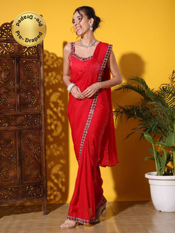 Chhabra 555 - Red Pre-Stitched Draped Saree With Studded Borders and Stitched Blouse
