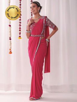 Chhabra 555 - Pink Pre-Stitched Saree With Aari Embroidered Stitched Blouse & Belt