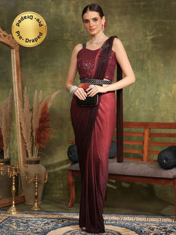 Chhabra 555 - Red Pre-Stitched With Self Sheen Ombre Fabric & Sequinned Stitched Blouse