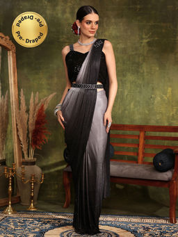 Chhabra 555 - Grey Pre-Stitched Saree With Self Sheen Ombre Fabric & Stitched Blouse with Belt