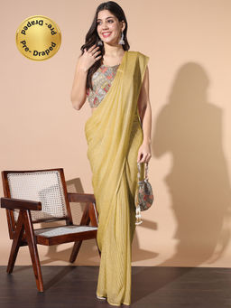Chhabra 555 - Beige Pre-Stitched Embellished With Resham Embroidered Stitched Blouse & Purse