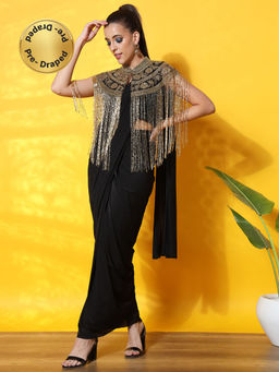 Chhabra 555 - Black Pre-Draped Saree With Embellished Cape With Tassels & Stitched Blouse
