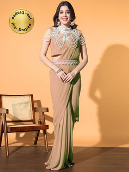 Chhabra 555 - Beige Pre-Stitched Monotone With Pearl & Crystal Necklace And Belt with Blouse