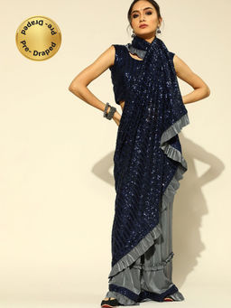 Chhabra 555 - Blue Ruffled Pre-Draped Saree With Sequin Frills with Stitched Blouse