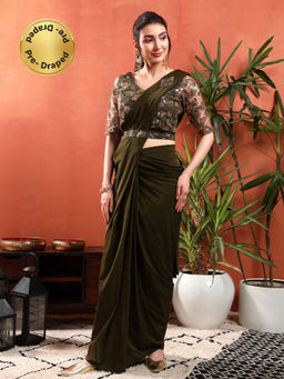 Chhabra 555 - Sequin Embroidery Pre-Stitched Belted Draped Saree with Stitched Blouse - Green