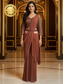 Chhabra 555 - Brown Georgette Embellished Pre-Draped Saree and Stitched Blouse with Belt