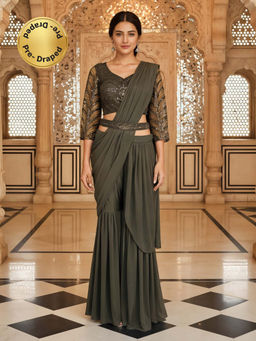 Chhabra 555 - Olive Georgette Embellished Pre-Draped Saree and Stitched Blouse with Belt