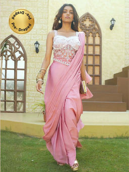 Chhabra 555 - Pink Georgette Pearl Embellished Pre-Draped Saree with Stitched Blouse