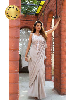 Chhabra 555 - Beige Georgette Pearl Embellished Pre-Draped Saree with Stitched Blouse