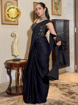 Chhabra 555 - Black Georgette Embellished Pre-Draped Saree with Stitched Blouse