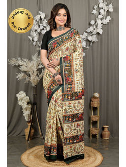 DipDiya - Off White Pure Cotton Traditional Bengali Kalamkari Printed Saree without Blouse