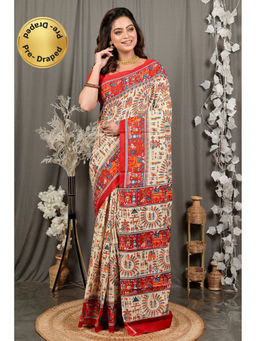 DipDiya - Off White Pure Cotton Traditional Bengali Kalamkari Printed Saree without Blouse