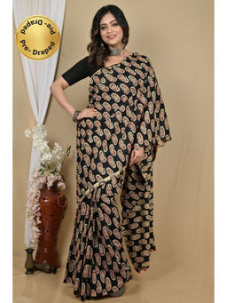 DipDiya - Black Pure Cotton Traditional Bengali Kalamkari Printed Saree with Unstitched Blouse